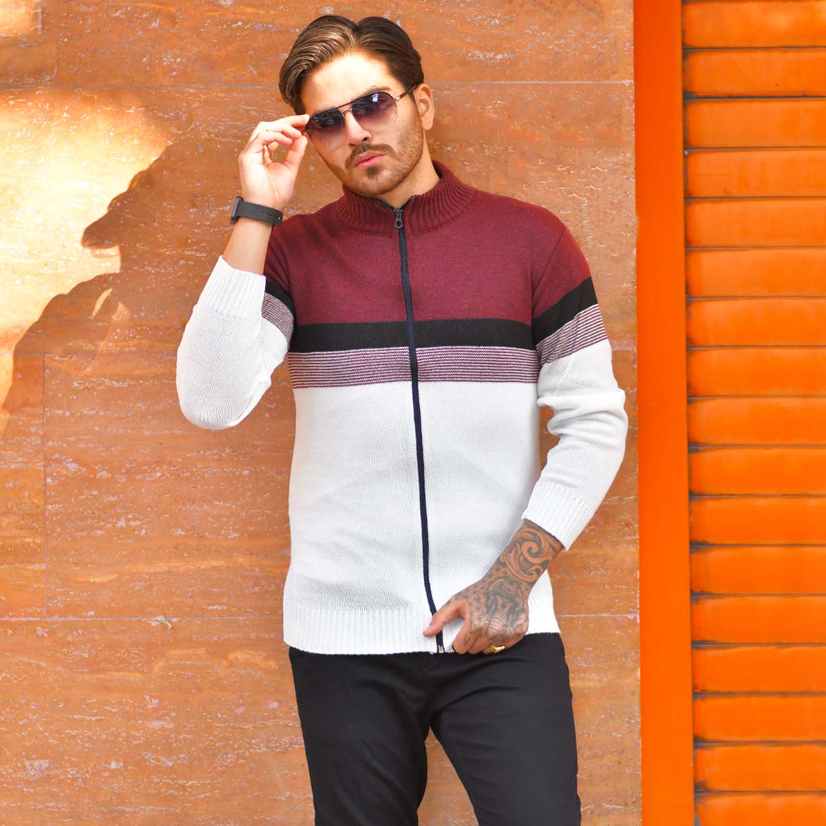 سوئیشرت بافت مردانه مدل Brenda رنگ زرشکی و سفید