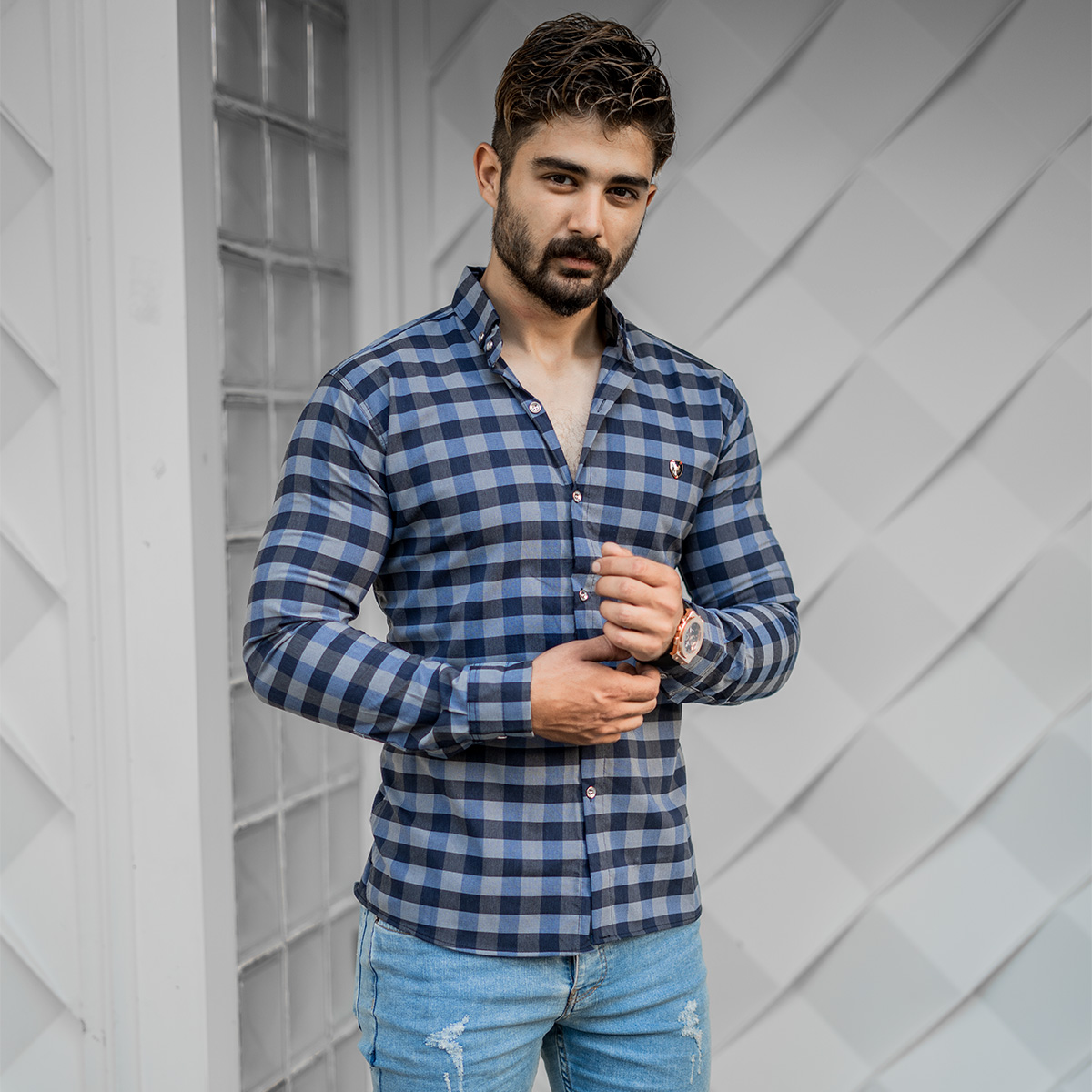 پیراهن چهار خونه آبی مردانه مدل Morik