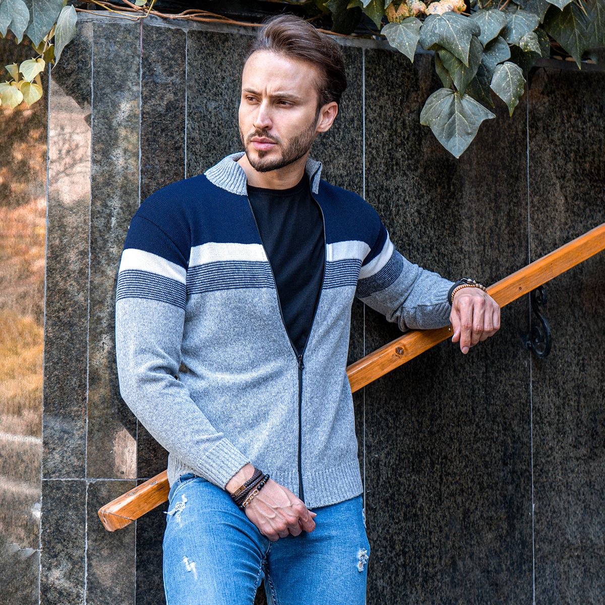 بافت مردانه زیپ دار دورنگ آبی طوسی مدل shadima