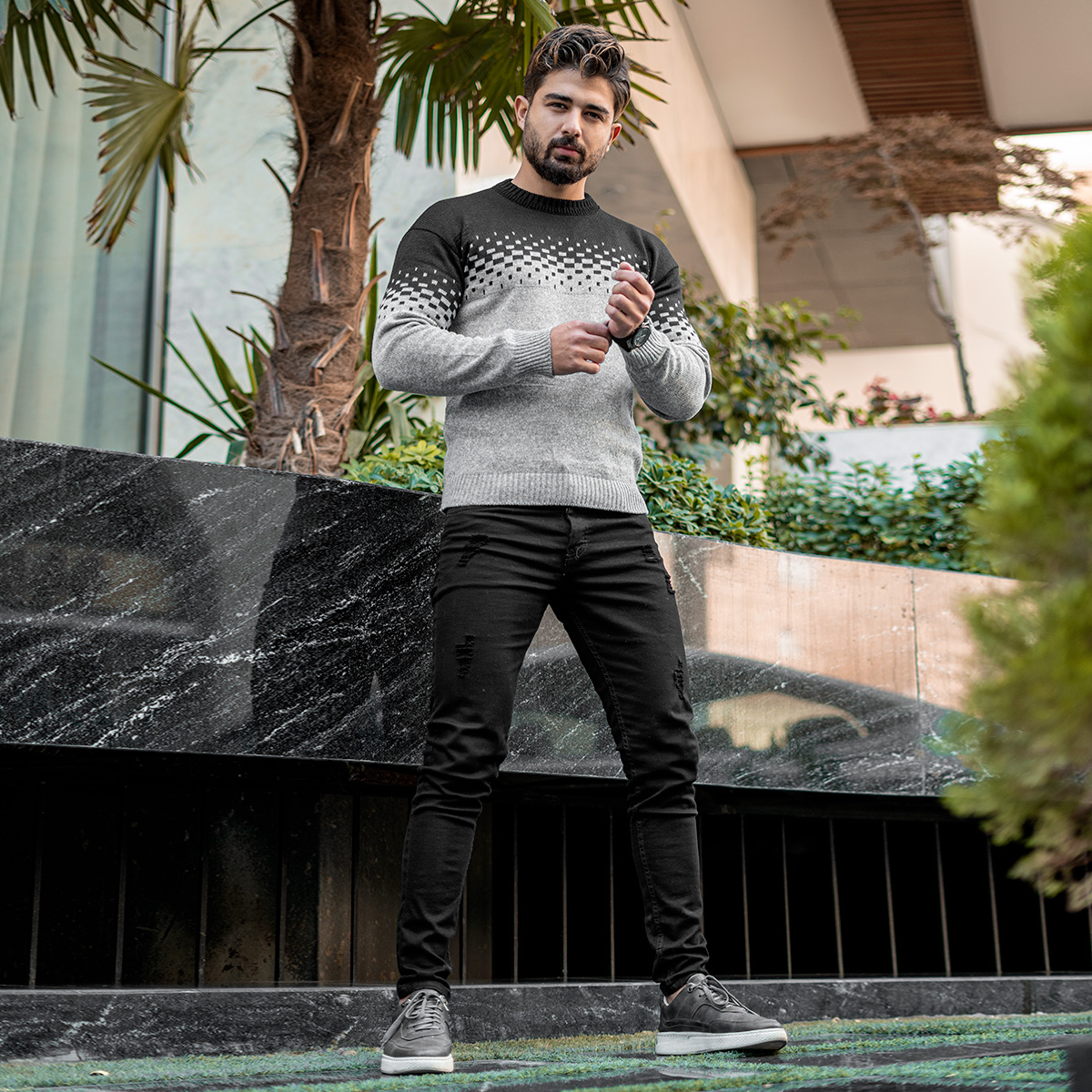 پلیور مردانه دو رنگ مشکی طوسی مدلShatel