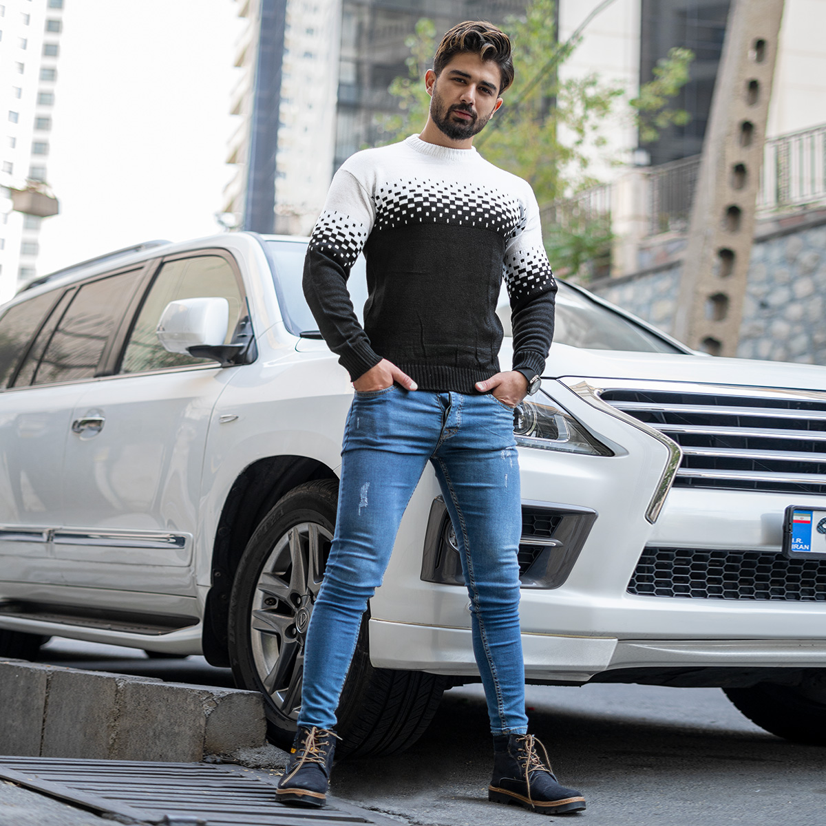 پلیور مردانه دو رنگ سفید مشکی مدلShatel