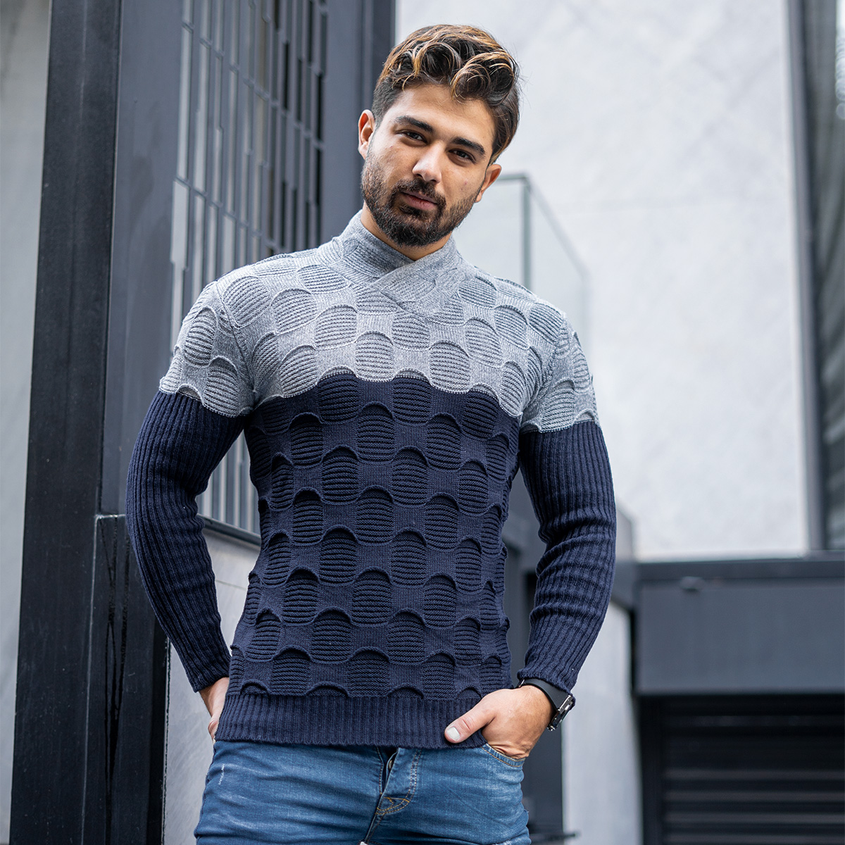 پلیور دورنگ سرمه ای طوسی مردانه مدلArkia