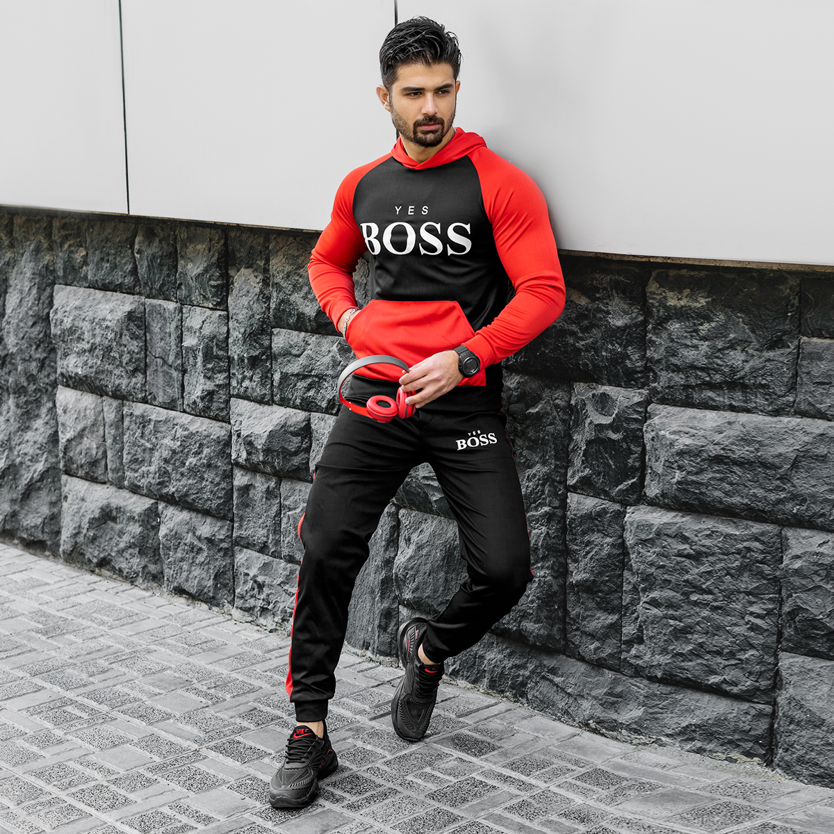 ست هودی شلوار BOSS مردانه قرمز مشکی مدل Varm