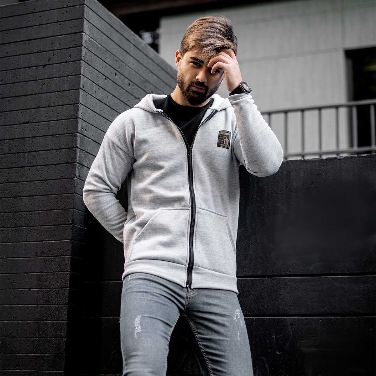 سوییشرت طوسی روشن زیپ دار مردانه مدلA2021