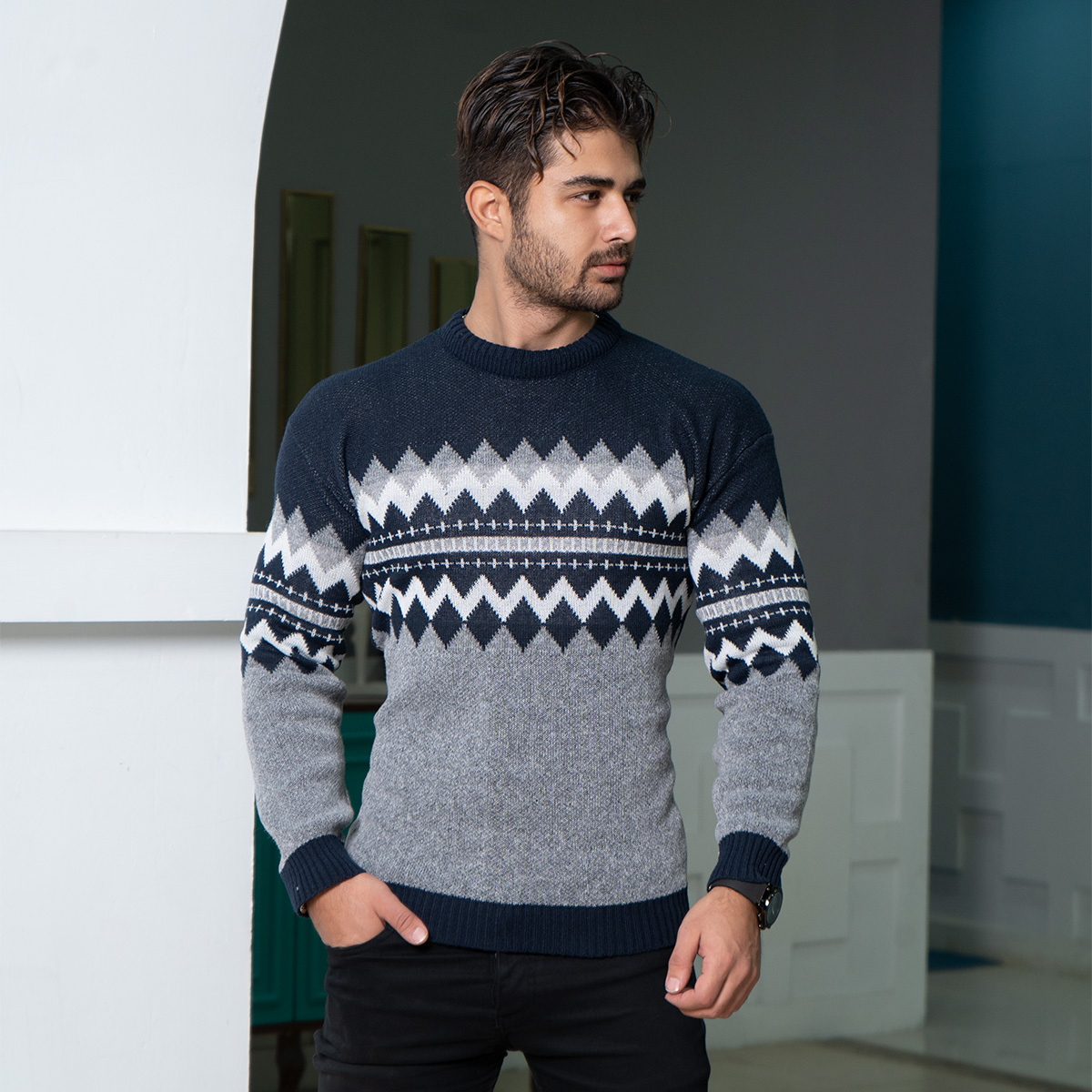 پلیور مردانه سرمه ای طوسی مدل Arena
