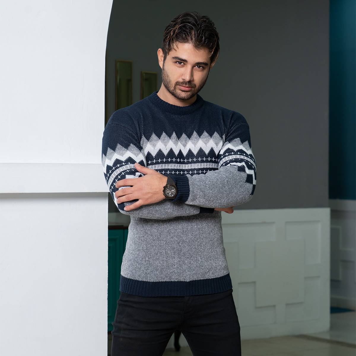 پلیور مردانه سرمه ای طوسی مدل Arena