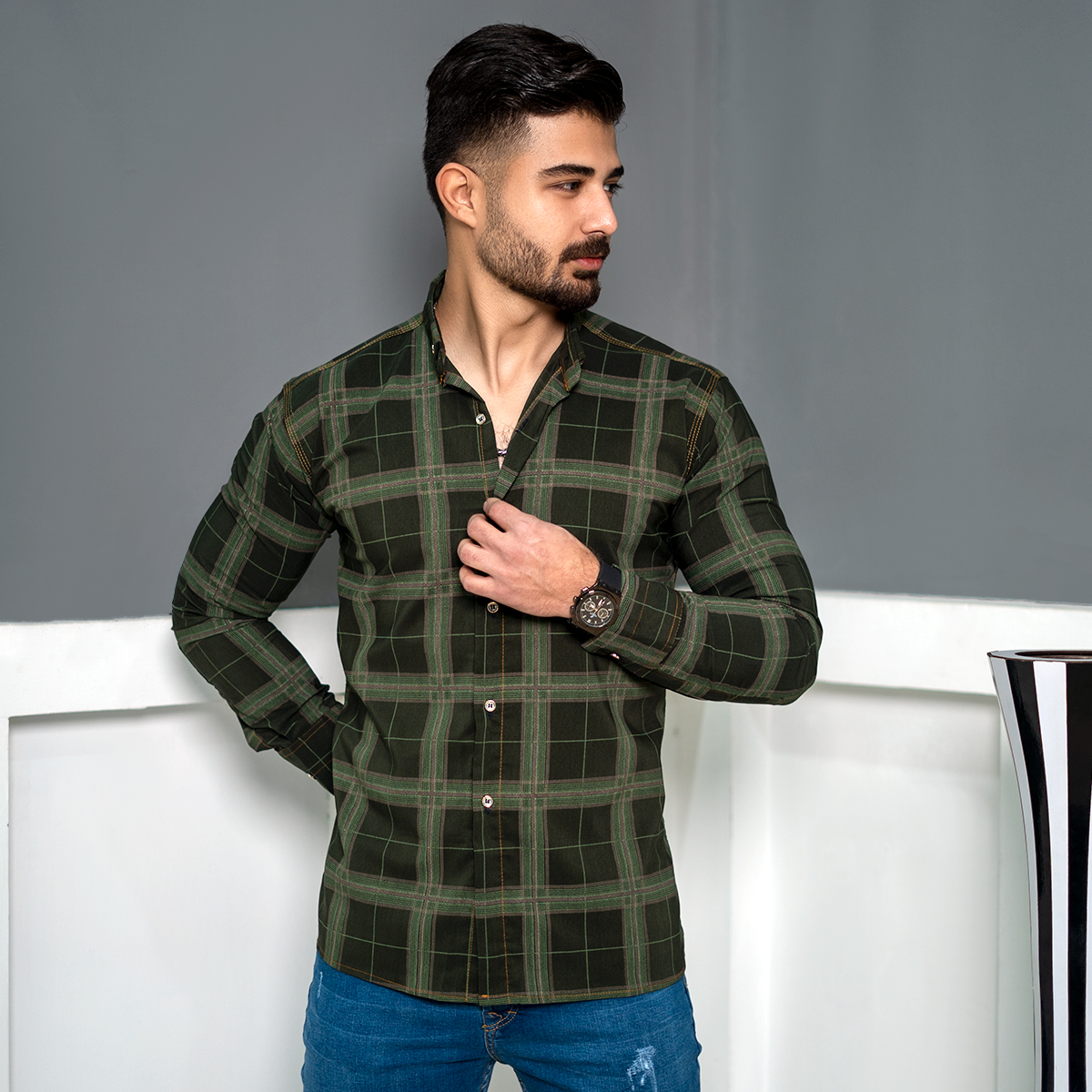 پیراهن مردانه چهارخونه سبز مردانه مدل makio