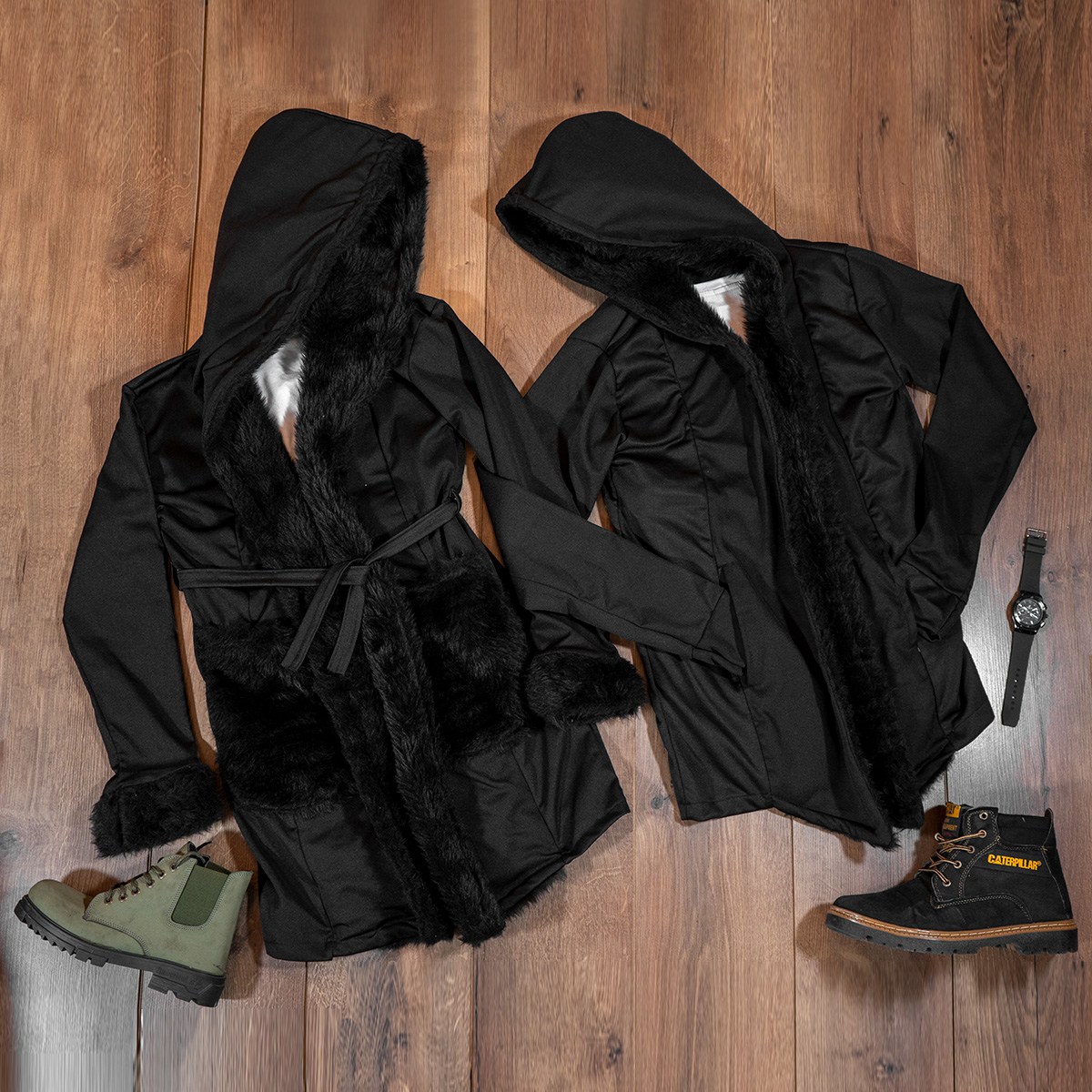 ست شنل مردانه و زنانه خزدار مشکی مدلnivo