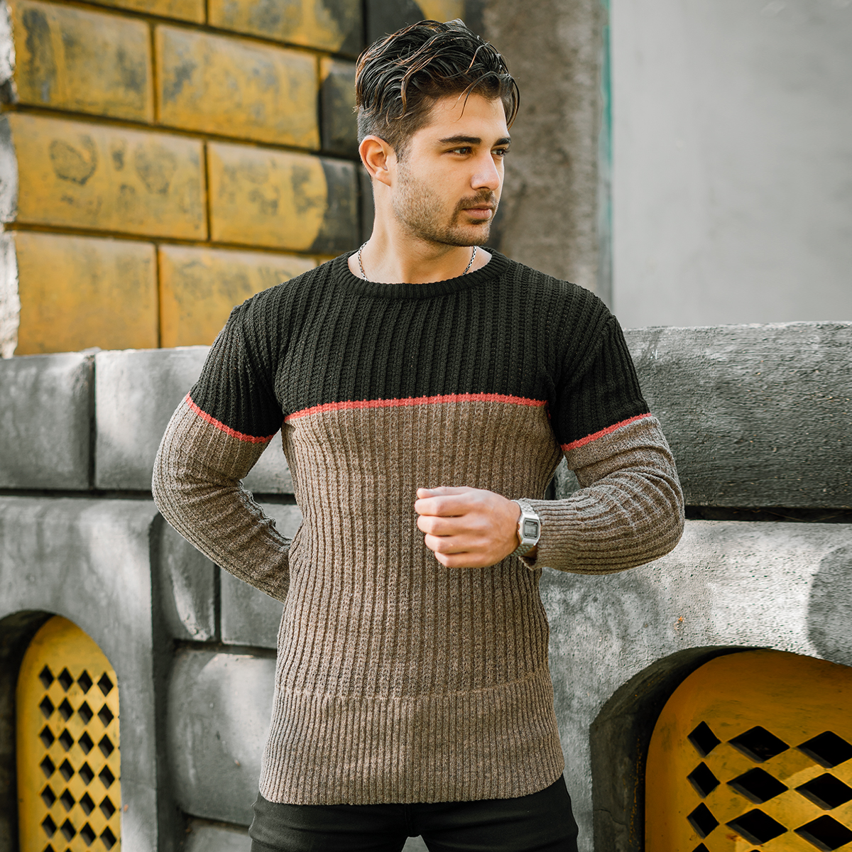 پلیور اندامی (T) کرم مشکی مردانه مدل Adnan