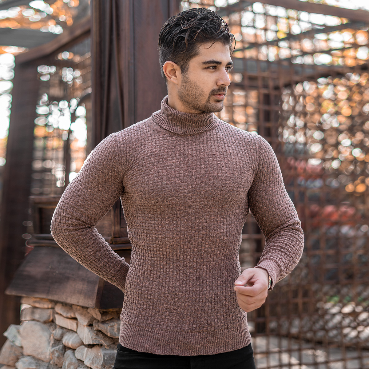 پلیور یقه اسکی مردانه قهوه ای مدل Oktav