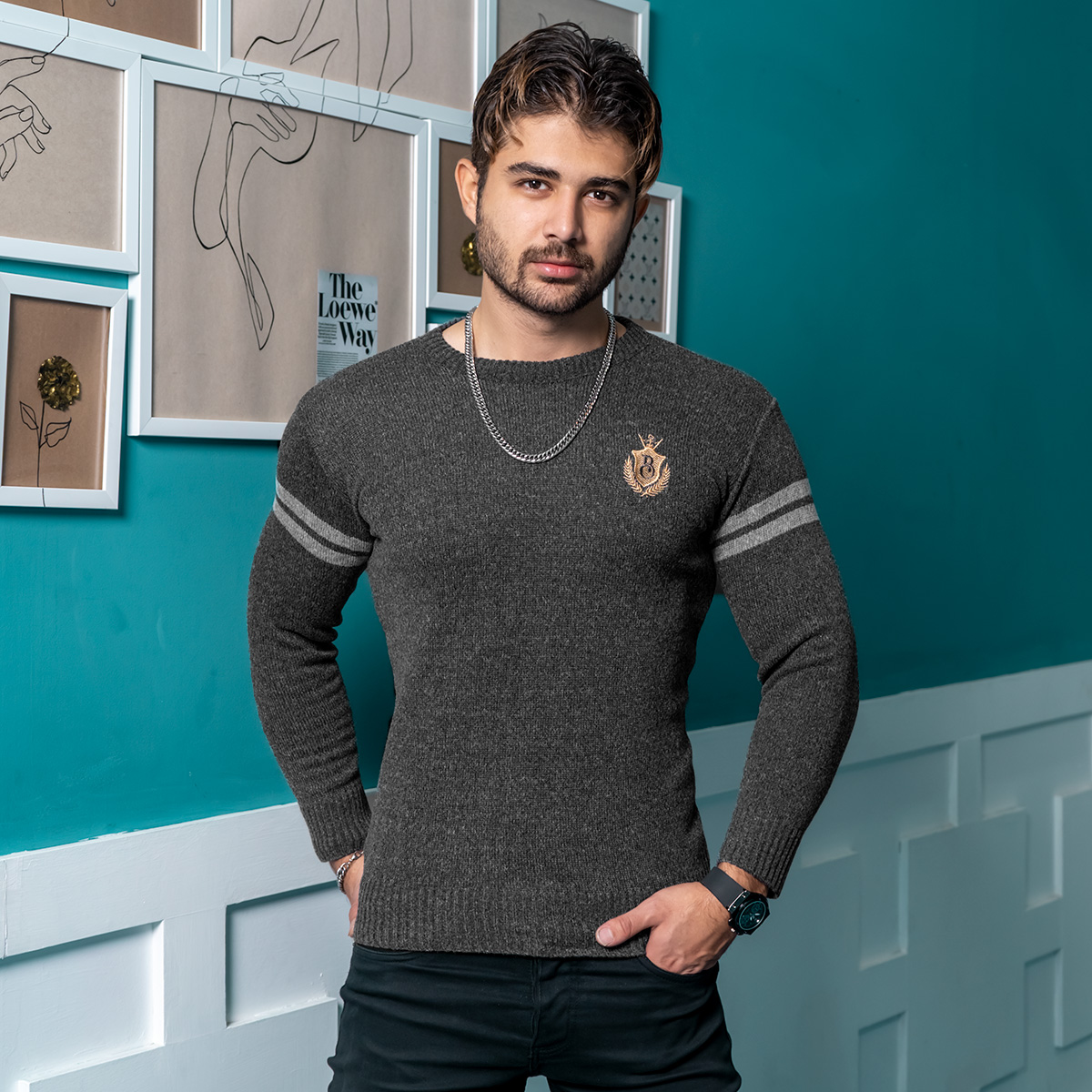 پلیور مردانه ذغالی مدل Akar