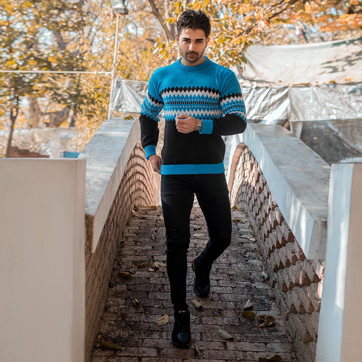 پلیور ژاکارد آبی مشکی مردانه مدلSami