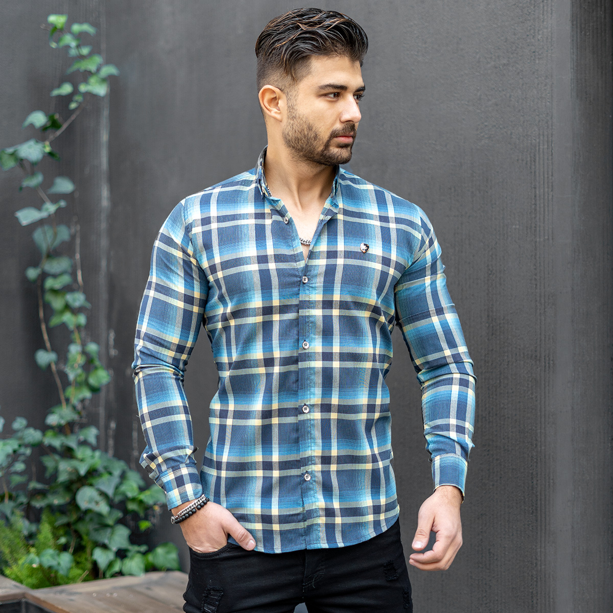 پیراهن چهارخونه زرد آبی مدل Roga