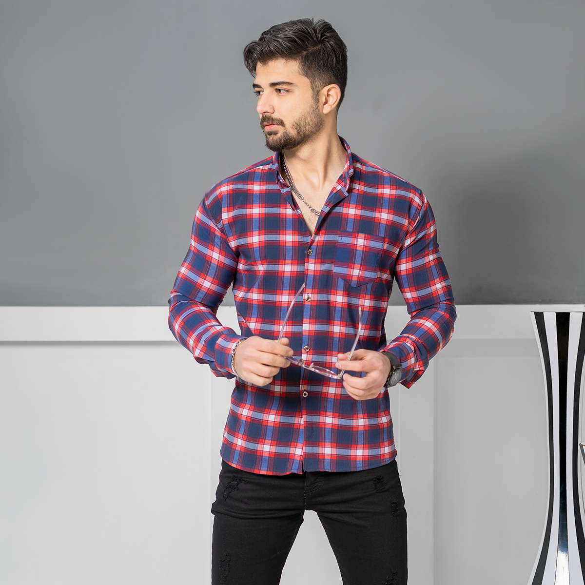 پیراهن مردانه چهارخونه سرمه ای قرمز مدل Tivon