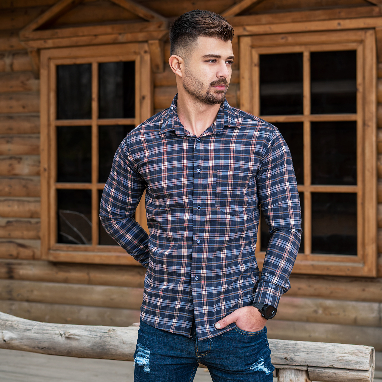 پیراهن چهارخانه بنفش سرمه ای مردانه مدلDivan