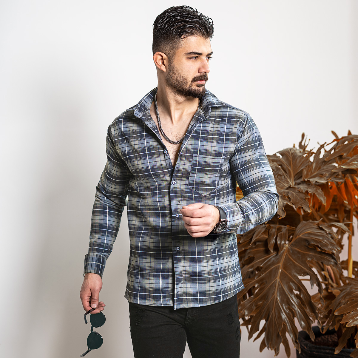 پیراهن چهارخانه آبی تیره سرمه ای مردانه مدلDivan