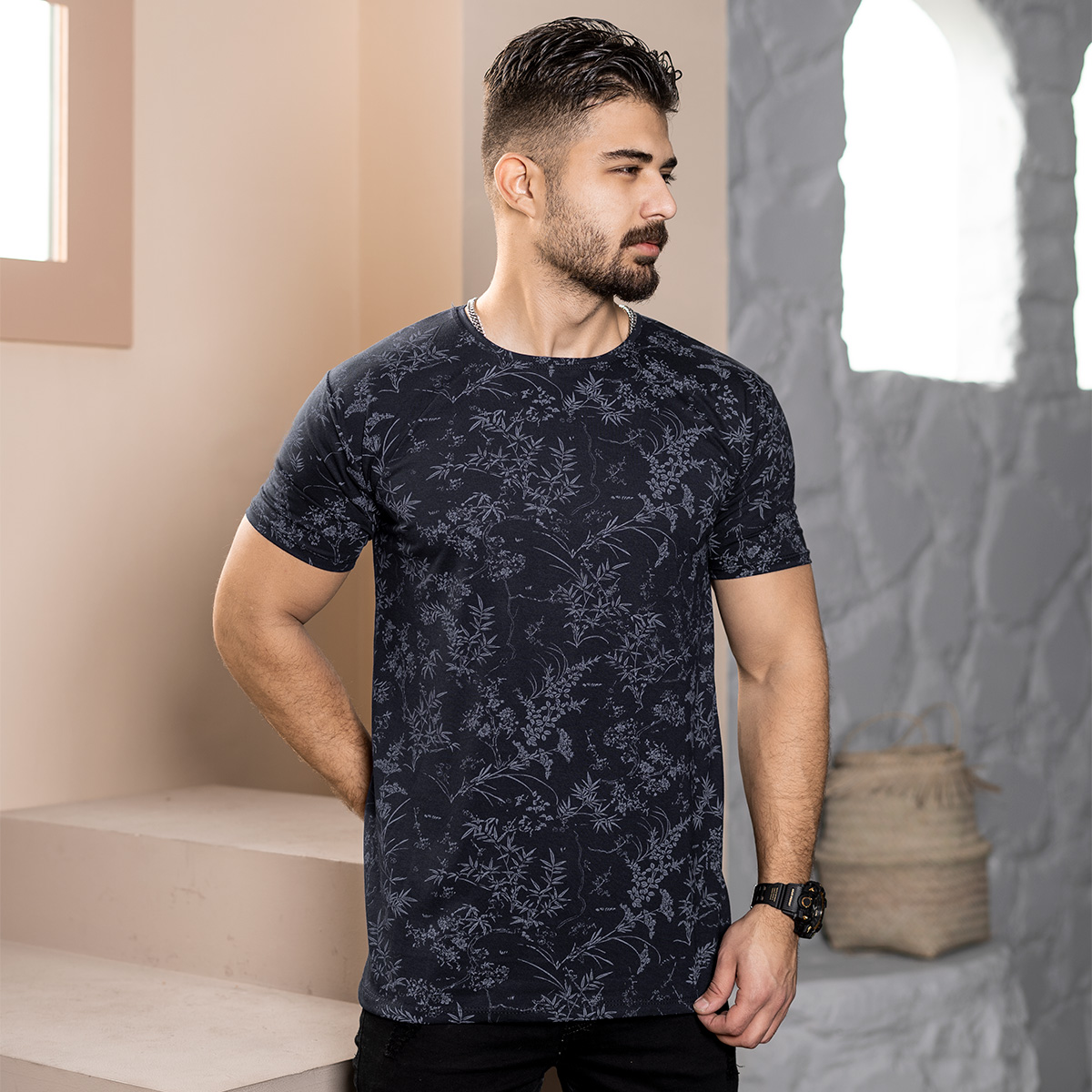 تیشرت مردانه طرح برگ مشکی مدل Jeasen