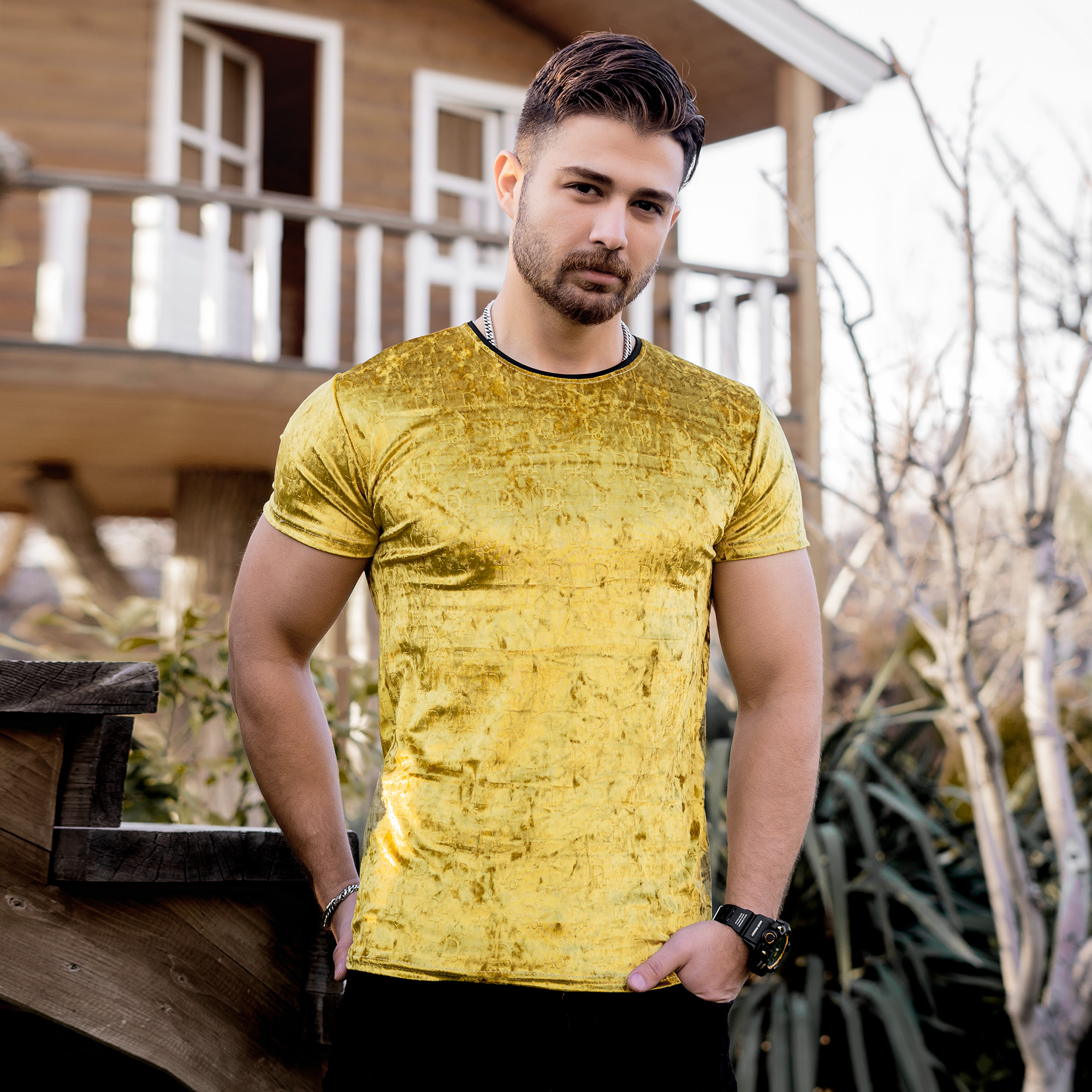 تیشرت مخمل خردلی مردانه مدل Dior