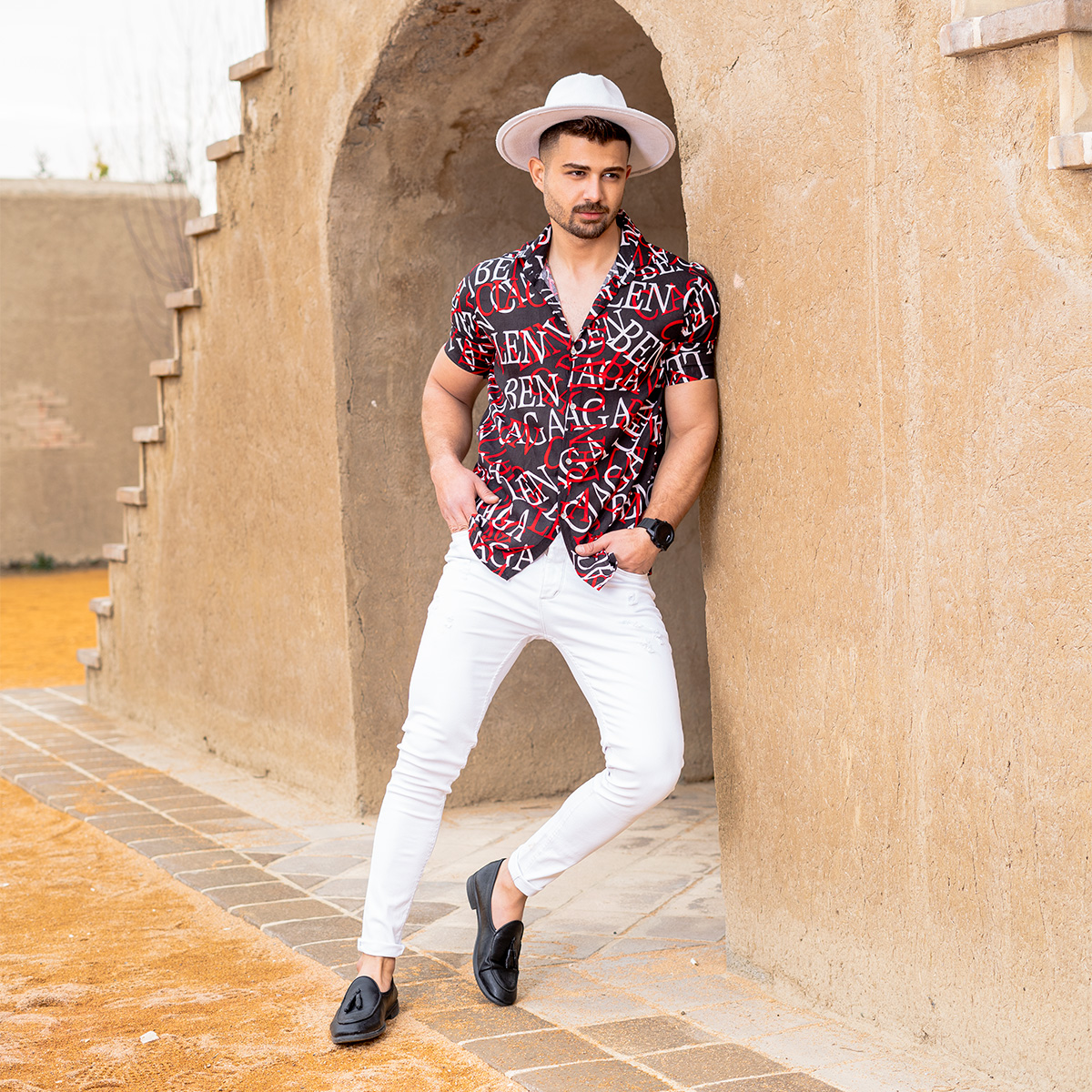 پیراهن هاوایی مردانه مشکی قرمز مدل ABC