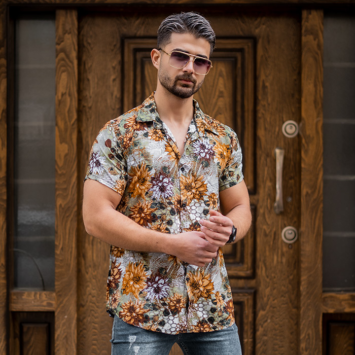 پیراهن مردانه گل آفتابگران قهوه ای مدل 57