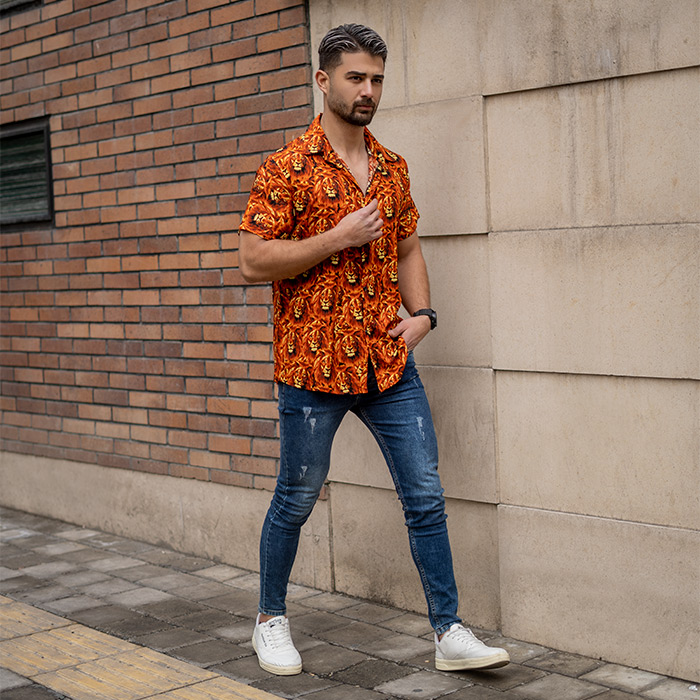 پیراهن هاوایی طرح شیر نارنجی مردانه مدل P11