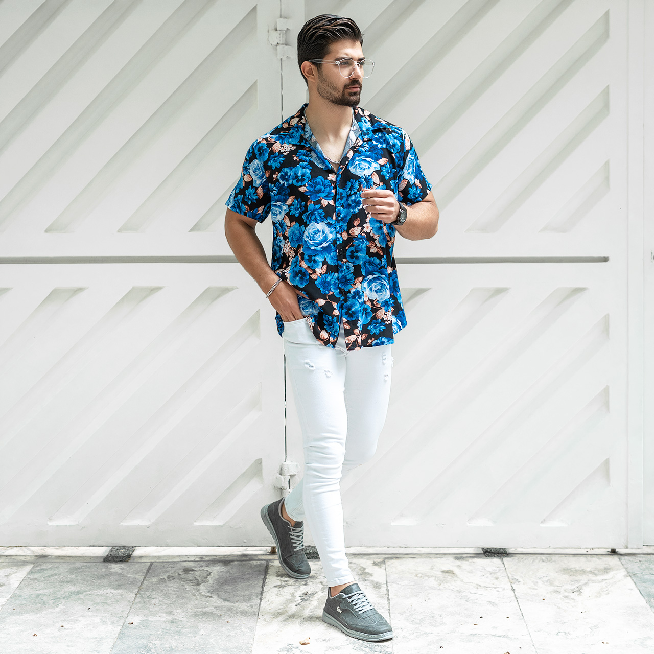 پیراهن هاوایی طرح گل آبی مردانه مدل P12