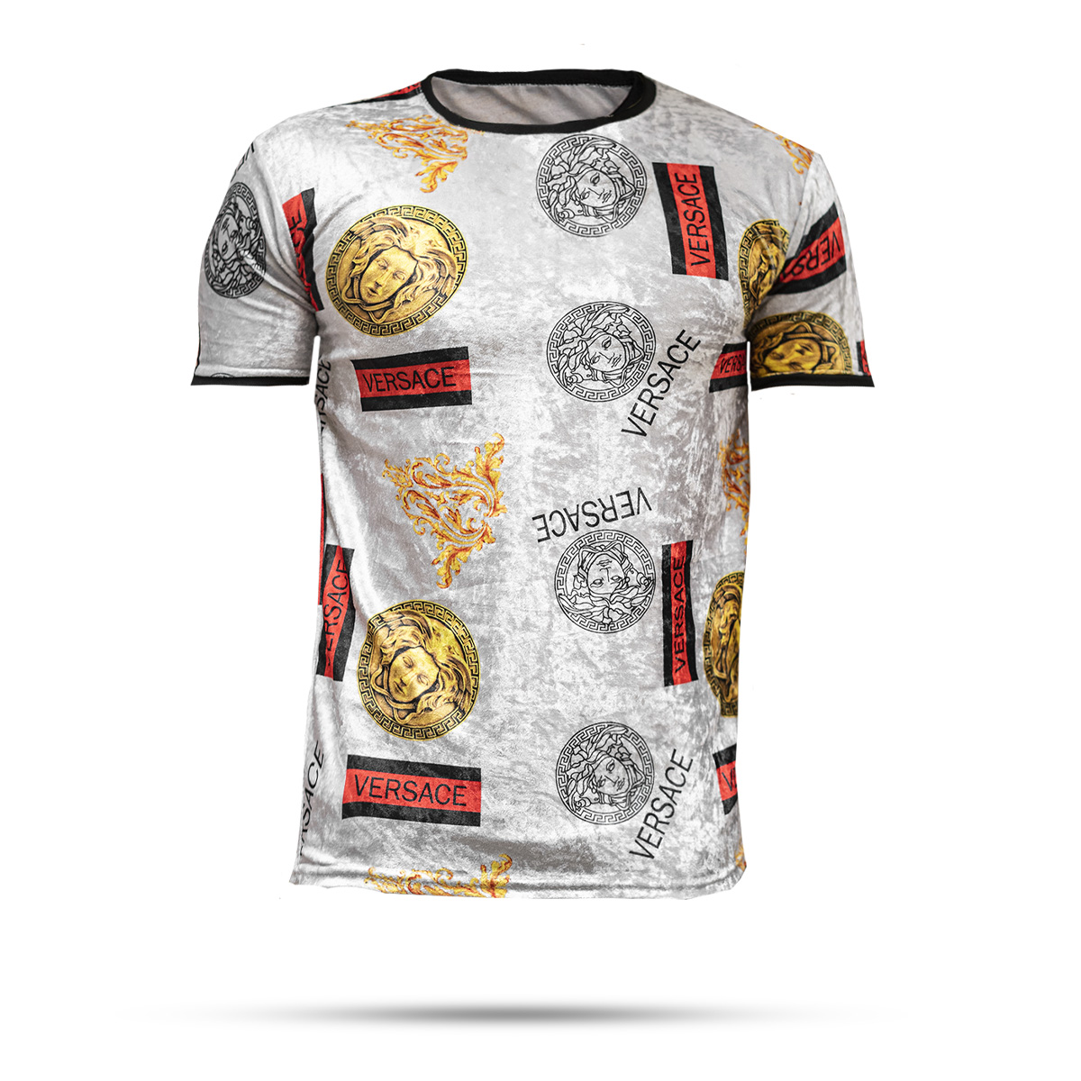 تیشرت مخمل ورساچه طوسی روشن مردانه مدلlavino