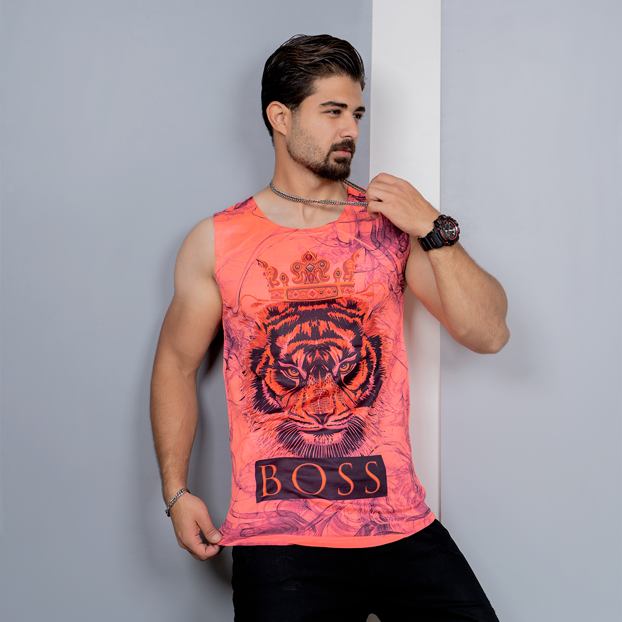 رکابی (T) صورتی طرح ببر مردانه مدل Boss