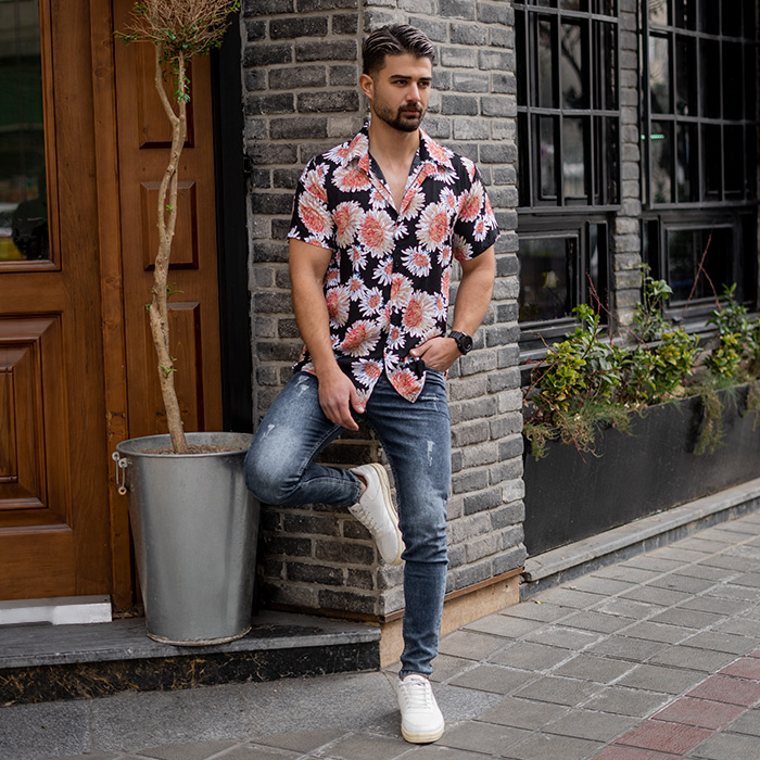 پیراهن مردانه هاوایی طرح گل سفید مدل U12