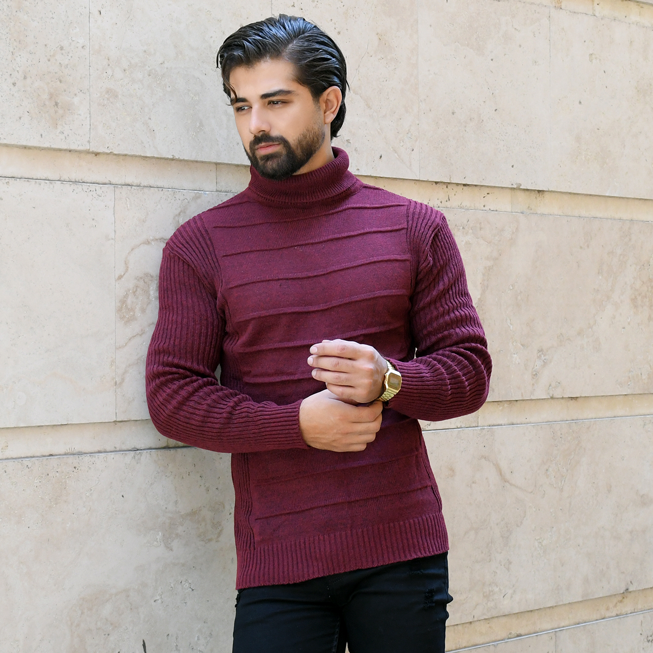 پلیور یقه اسکی زرشکی طرح کرکره ای مردانه مدلR10