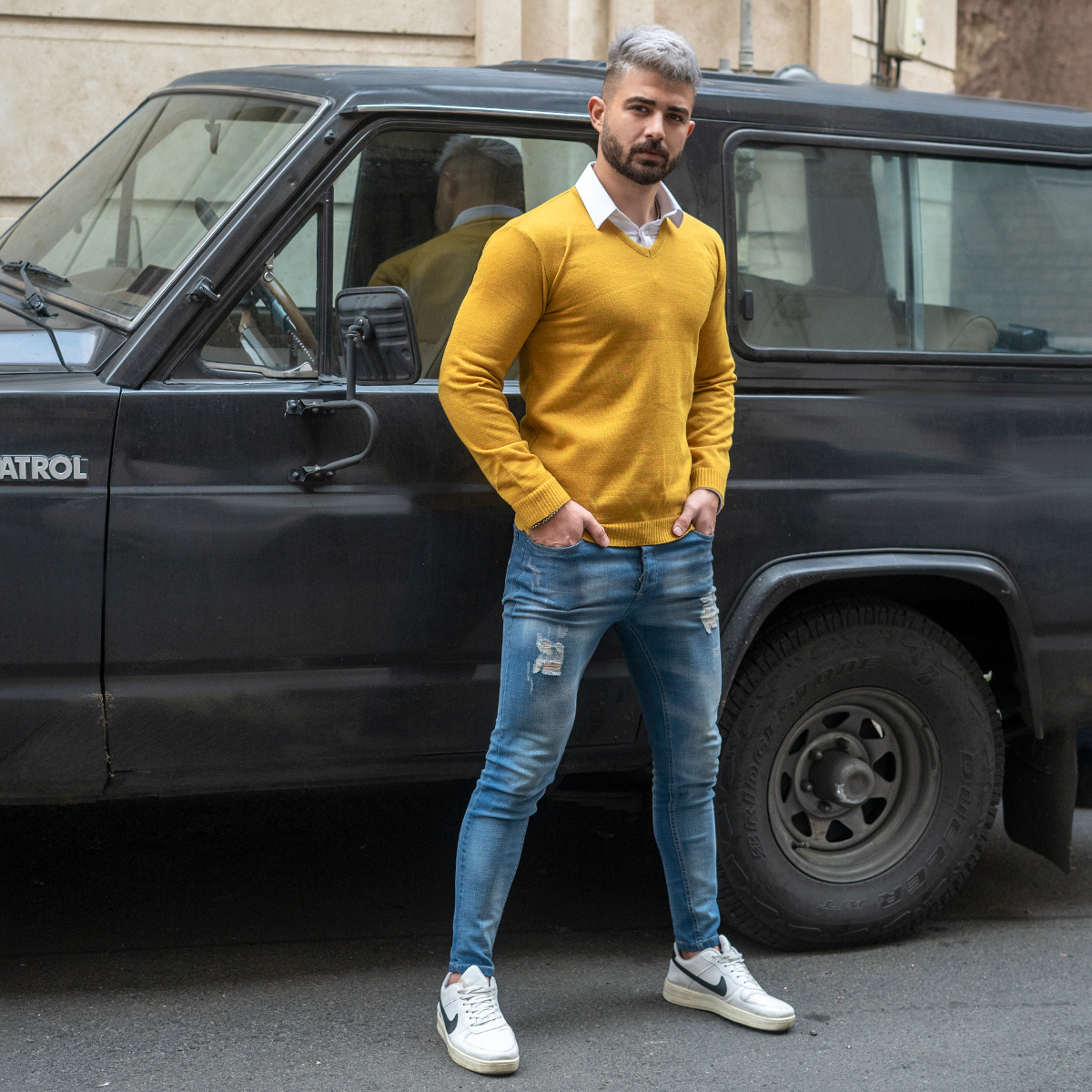 پلیوربافت یقه هفت خردلی مردانه مدل sorosh