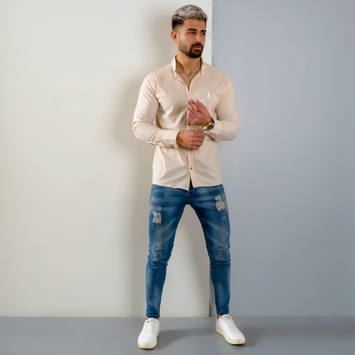 پیراهن مردانه راه راه کرم مدل VQ