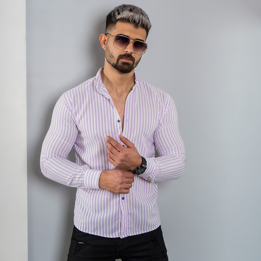 پیراهن راه راه سفید یاسی مردانه مدل HAMED