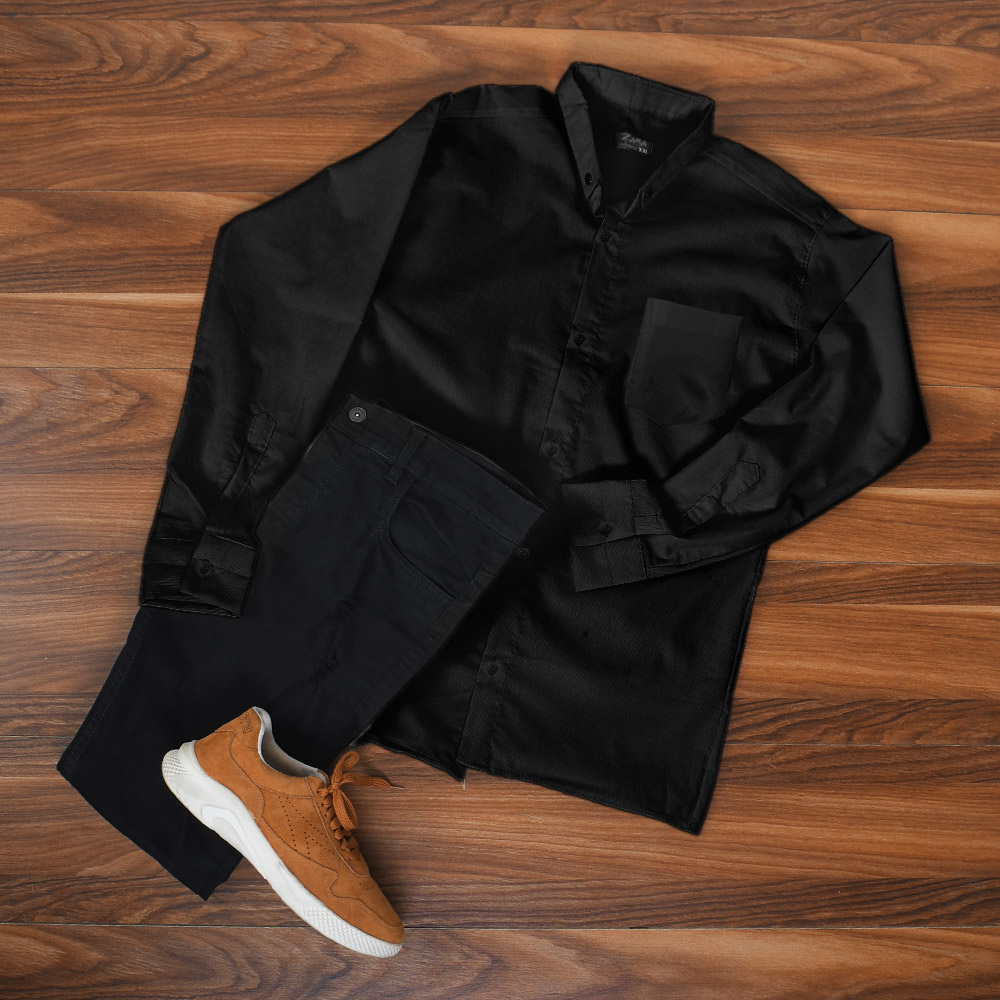 پیراهن مردانه مشکی ساده جیب دار مردانه مدل VQ