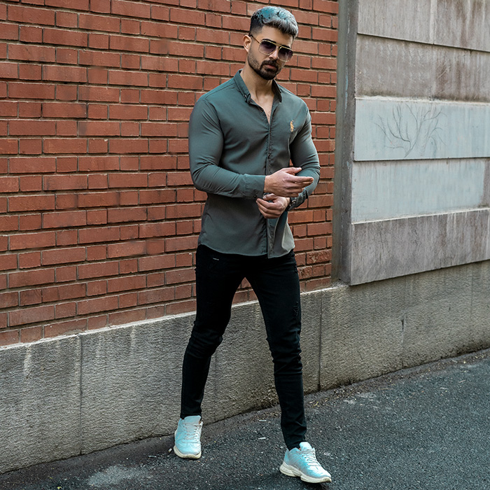 پیراهن مردانه سبز زیتونی مدل VQ