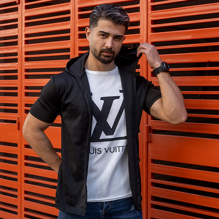 هودی مردانه مشکی سفید مدل LV
