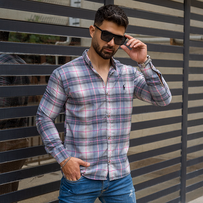 پیراهن خاکستری صورتی مردانه مدل Farzad