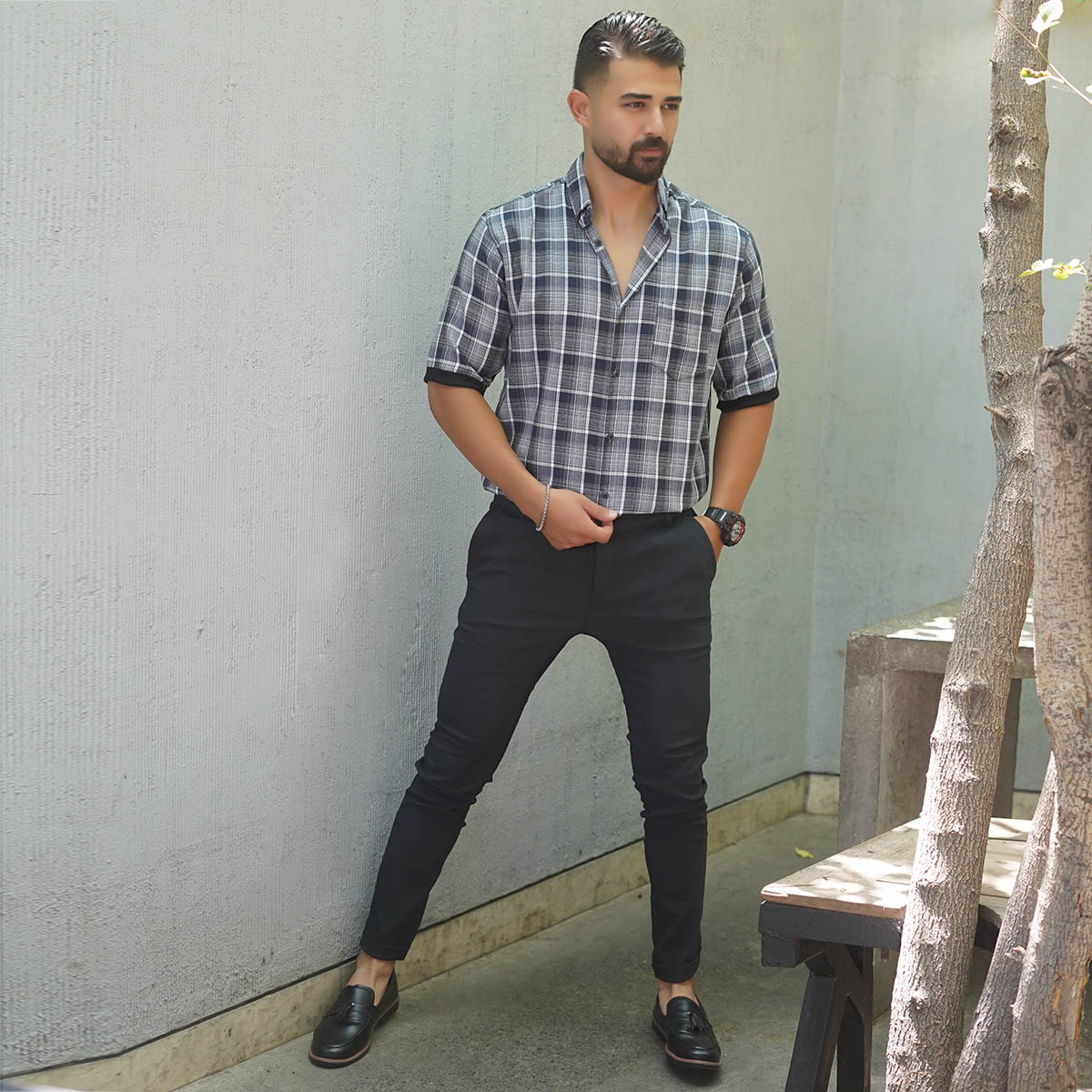 پیراهن آستین کوتاه سرمه ای مدل Samyar