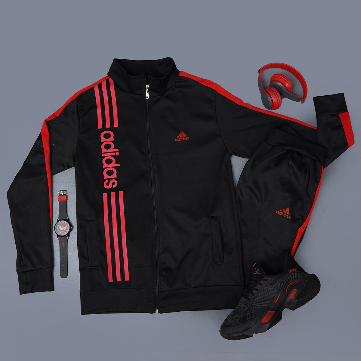 ست سوئیشرت شلوار آدیداس مشکی قرمز مدل Datis