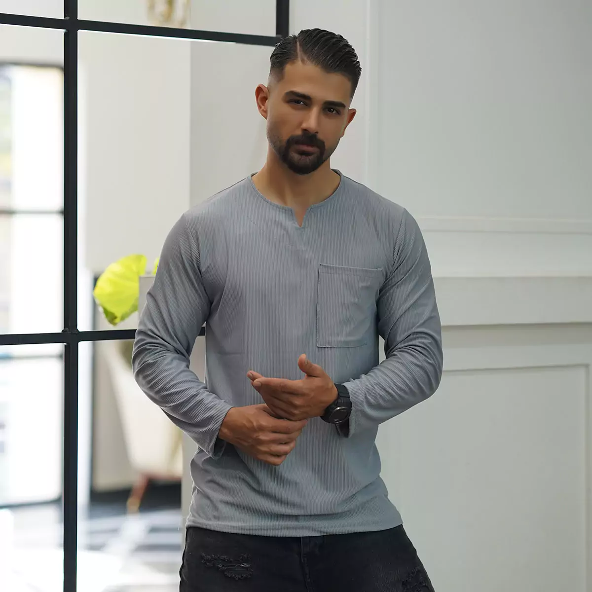 تیشرت آستین بلند یقه کوبایی طوسی مردانه مدل Asam