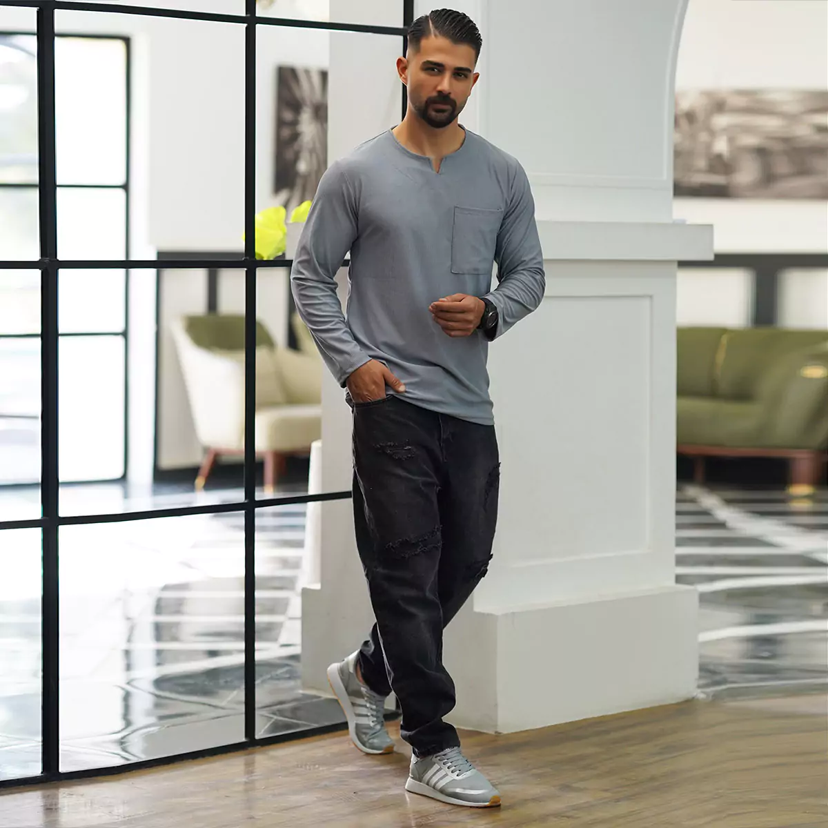 تیشرت آستین بلند یقه کوبایی طوسی مردانه مدل Asam