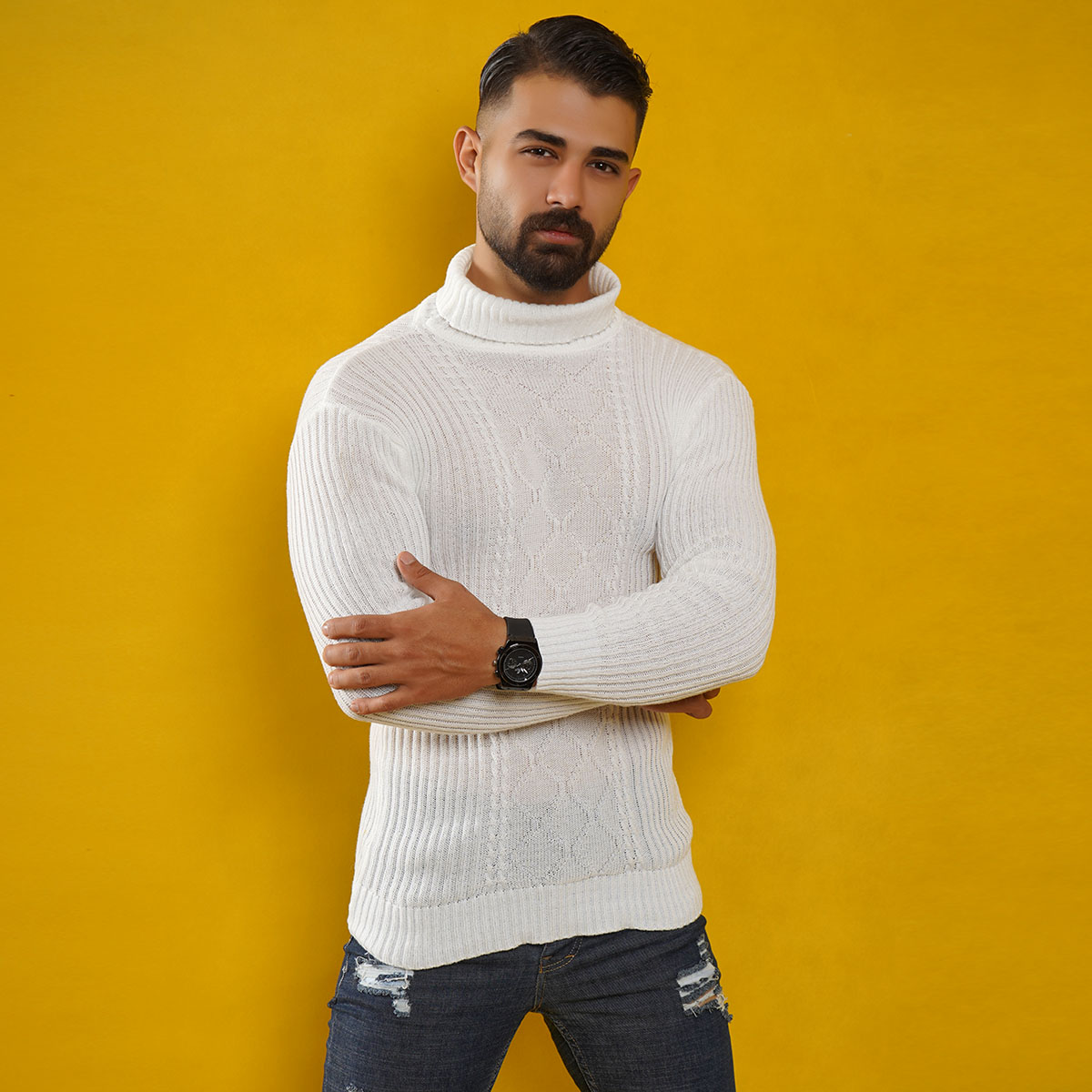 پلیوربافت مردانه سفید یقه اسکی مدل Hakan