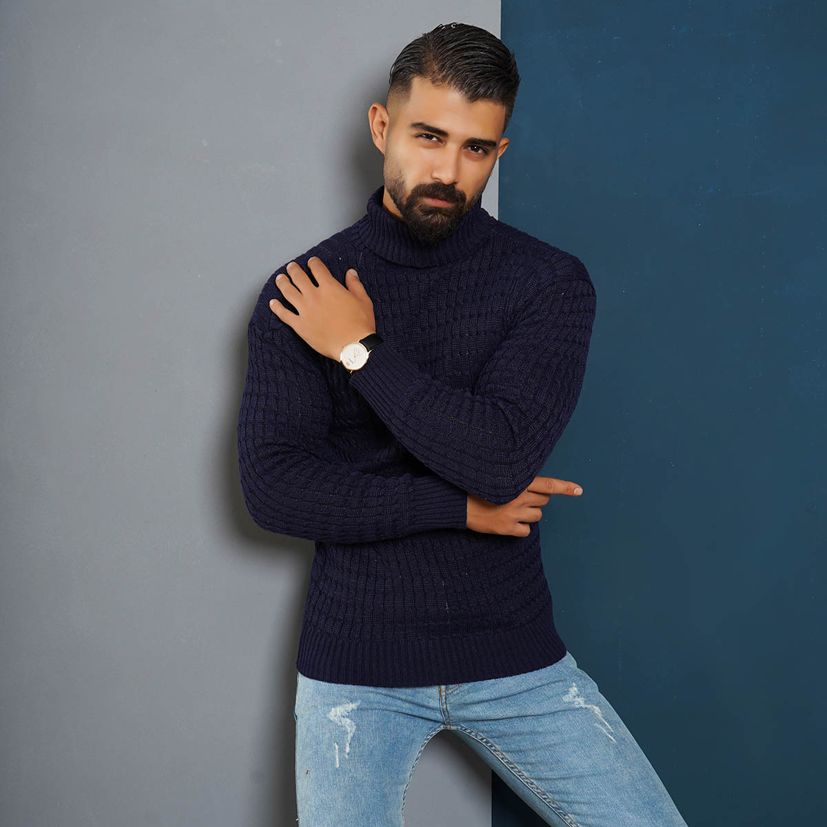 پلیوربافت مردانه سرمه ای یقه اسکی مدل Pouyan