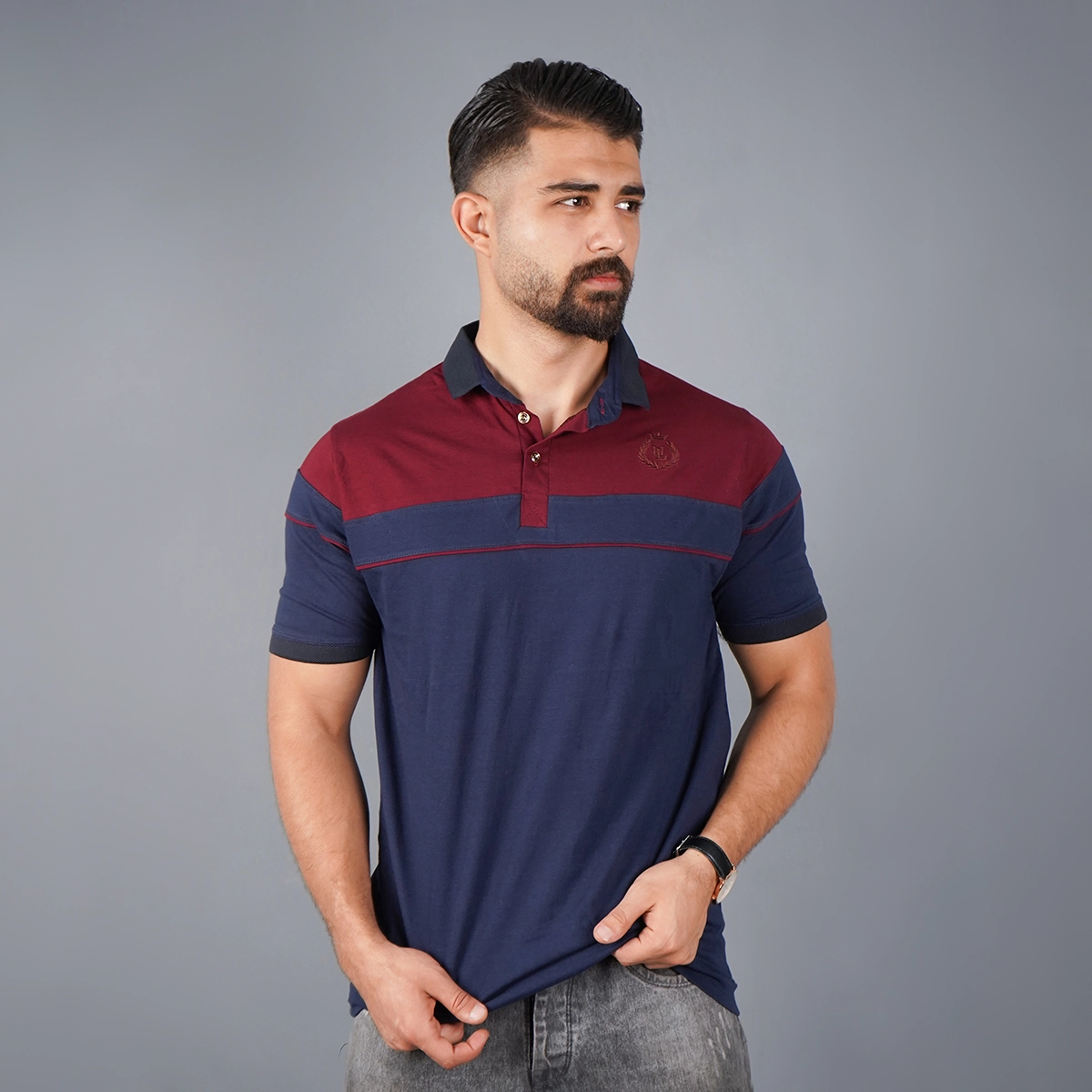 تیشرت مردانه یقه فرنچ سرمه ای مدل Bahman