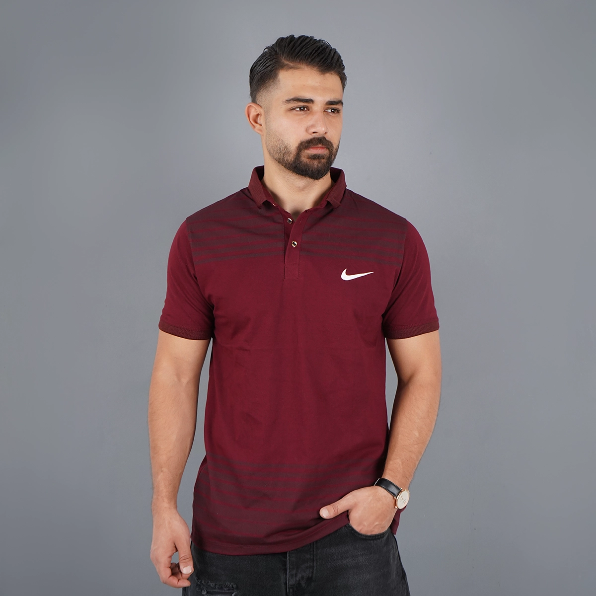 تیشرت یقه دار راه راه زرشکی مدل Farhan