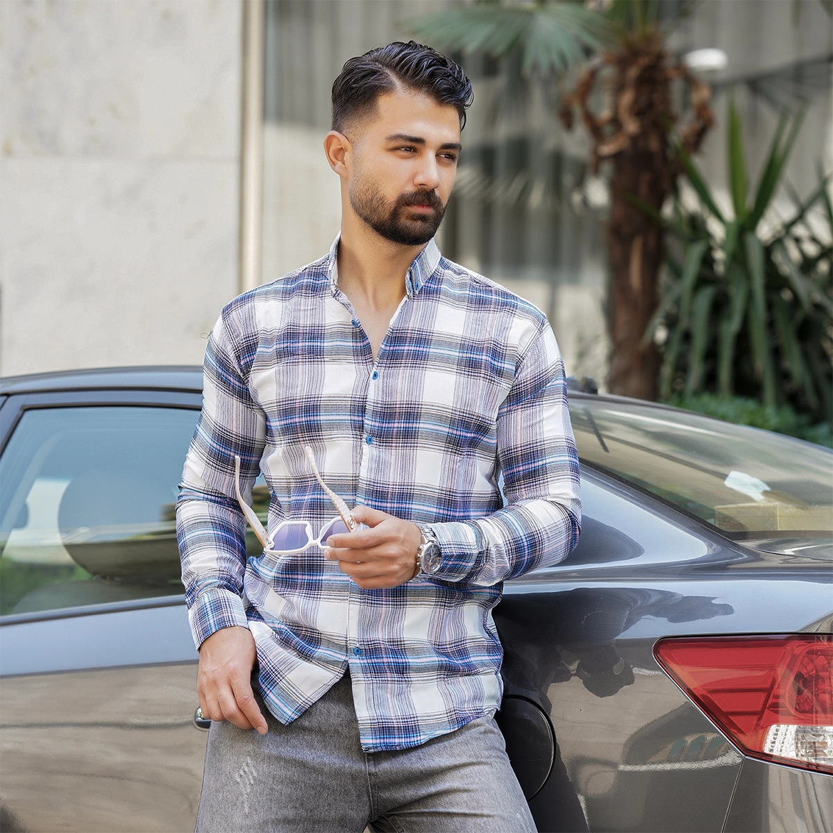 پیراهن چهارخونه آبی سفید مردانه مدل Sany
