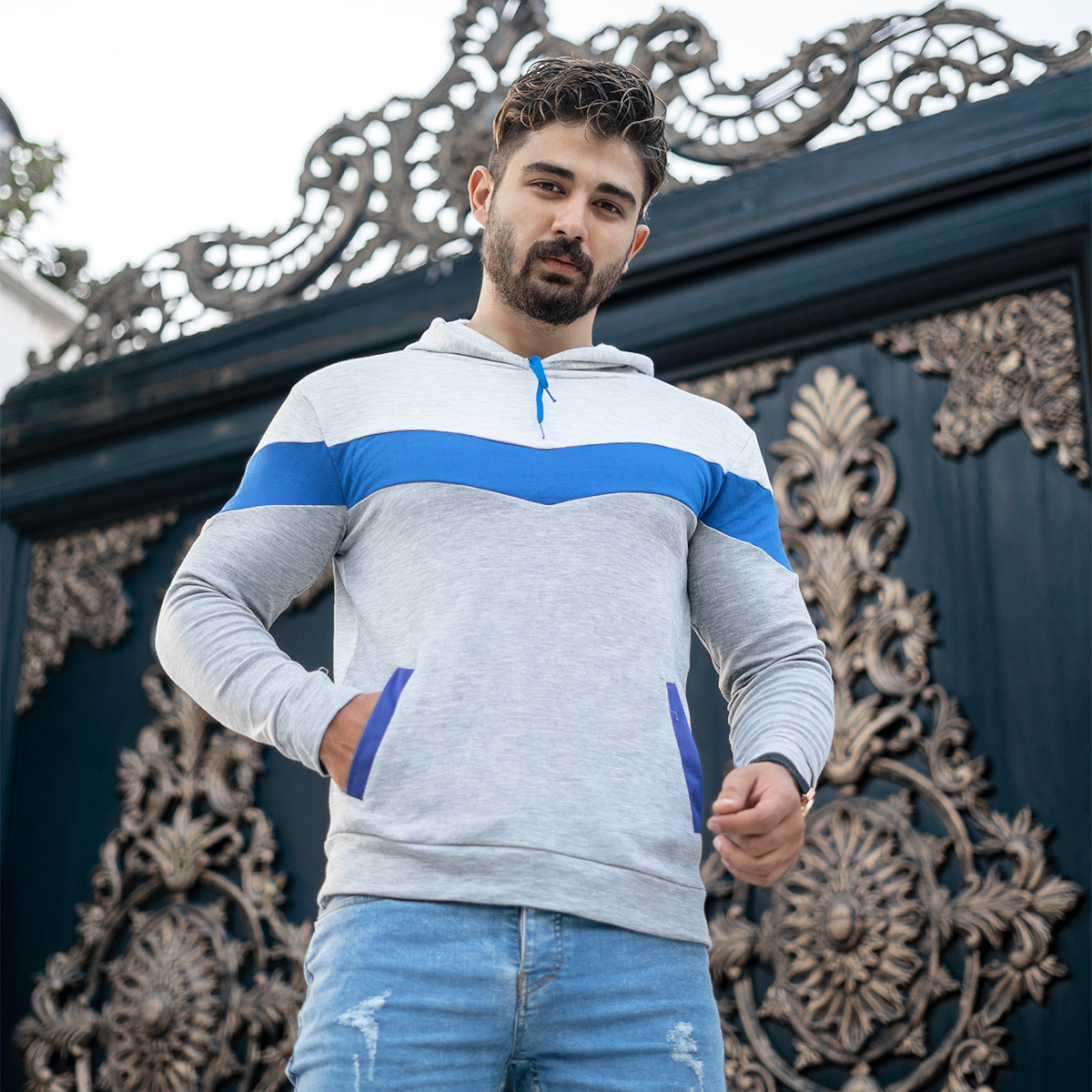 هودی مردانه مدل aykan دو رنگ ملانژ آبی