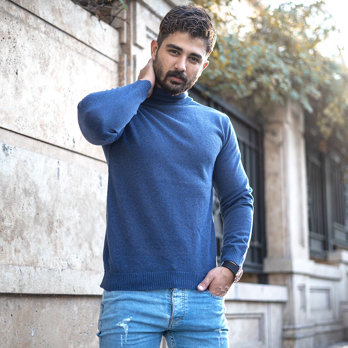 پلیور بافت یقه اسکی مردانه مدل Ersan رنگ آبی