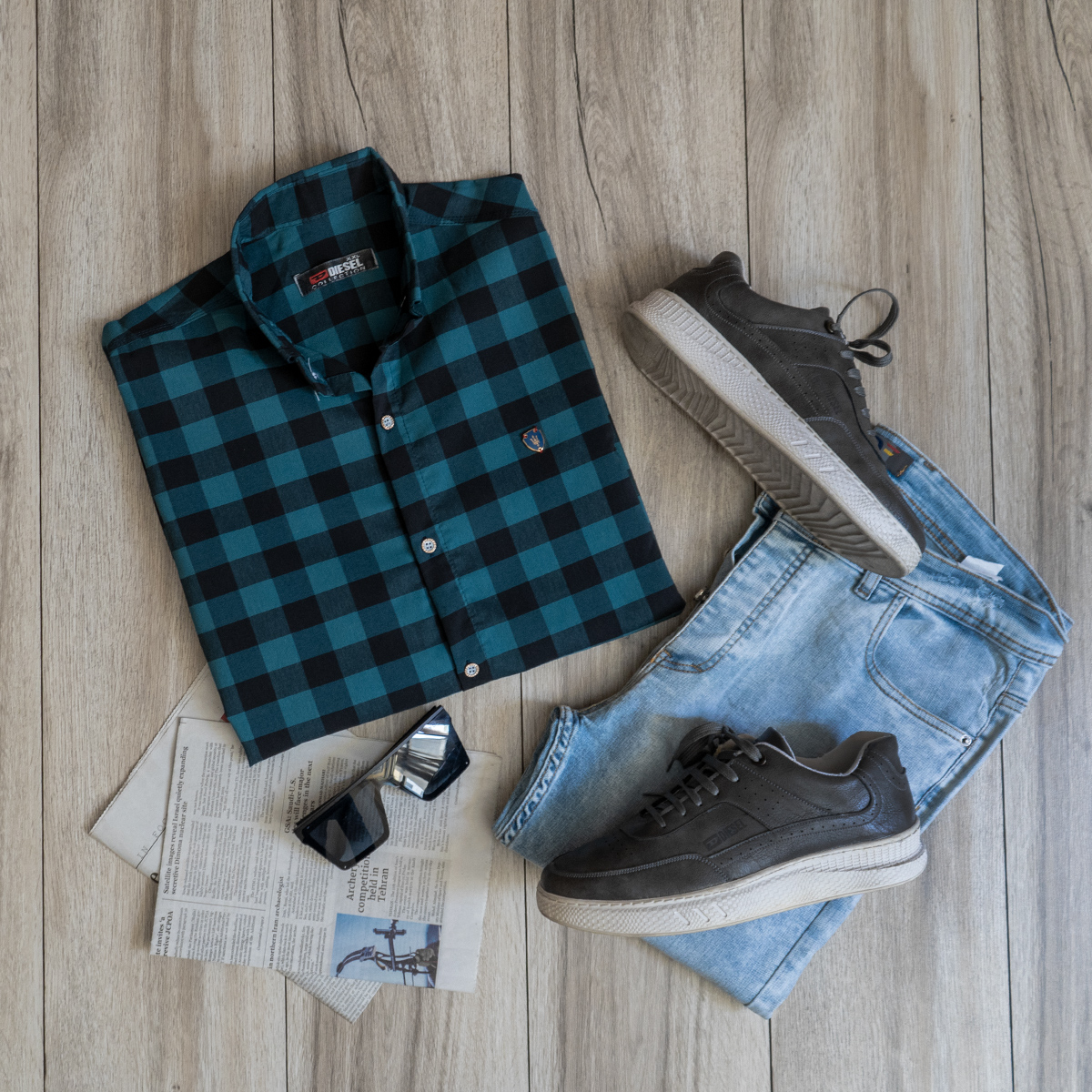 پیراهن شطرنجی سبز مردانه مدل Crown