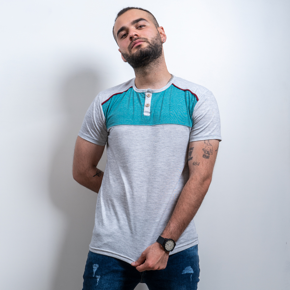 تیشرت مردانه طوسی روشن فیروزه ای مدل Ratim